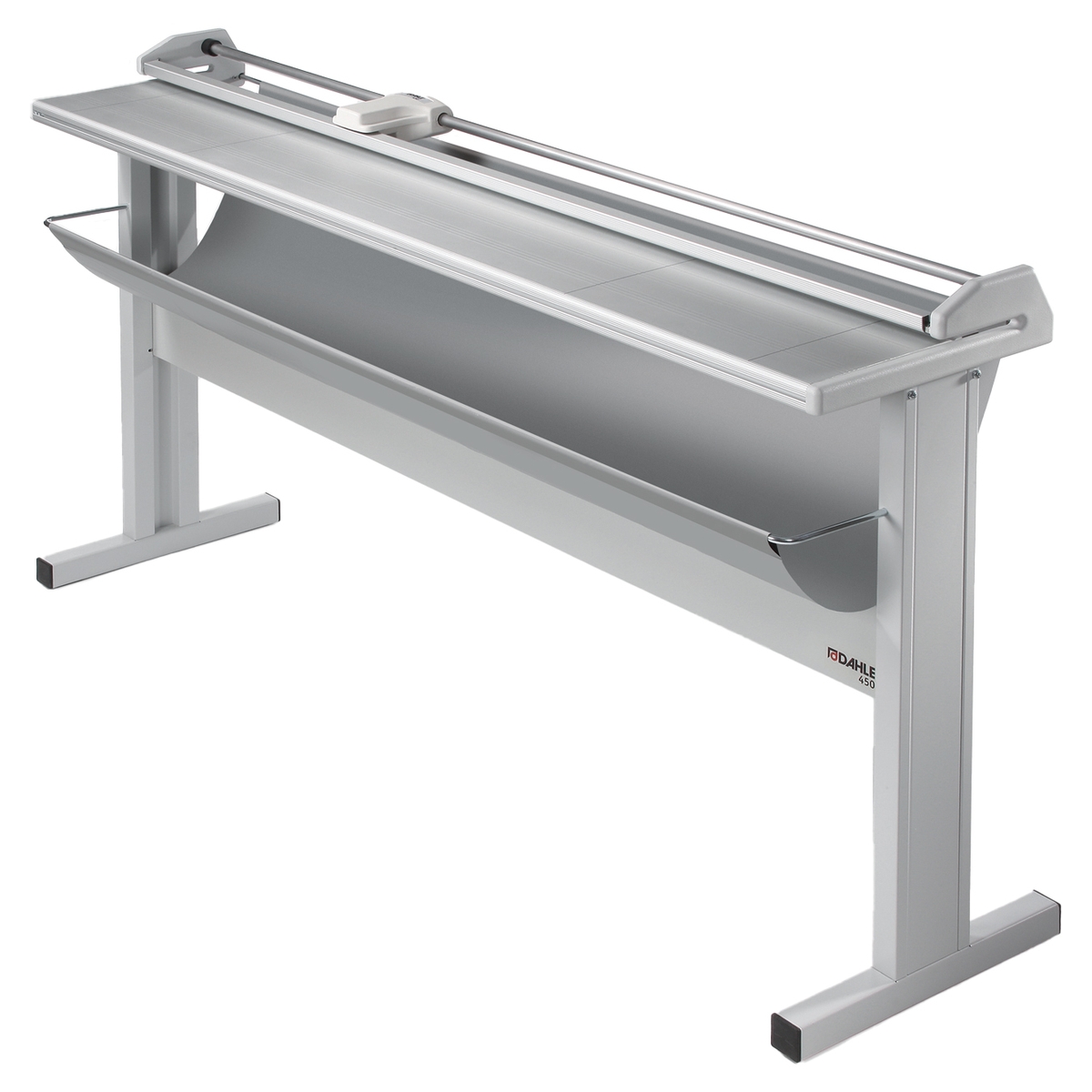La coupeuse de plans Dahle 450 sur son stand, avec son bac de récupération.