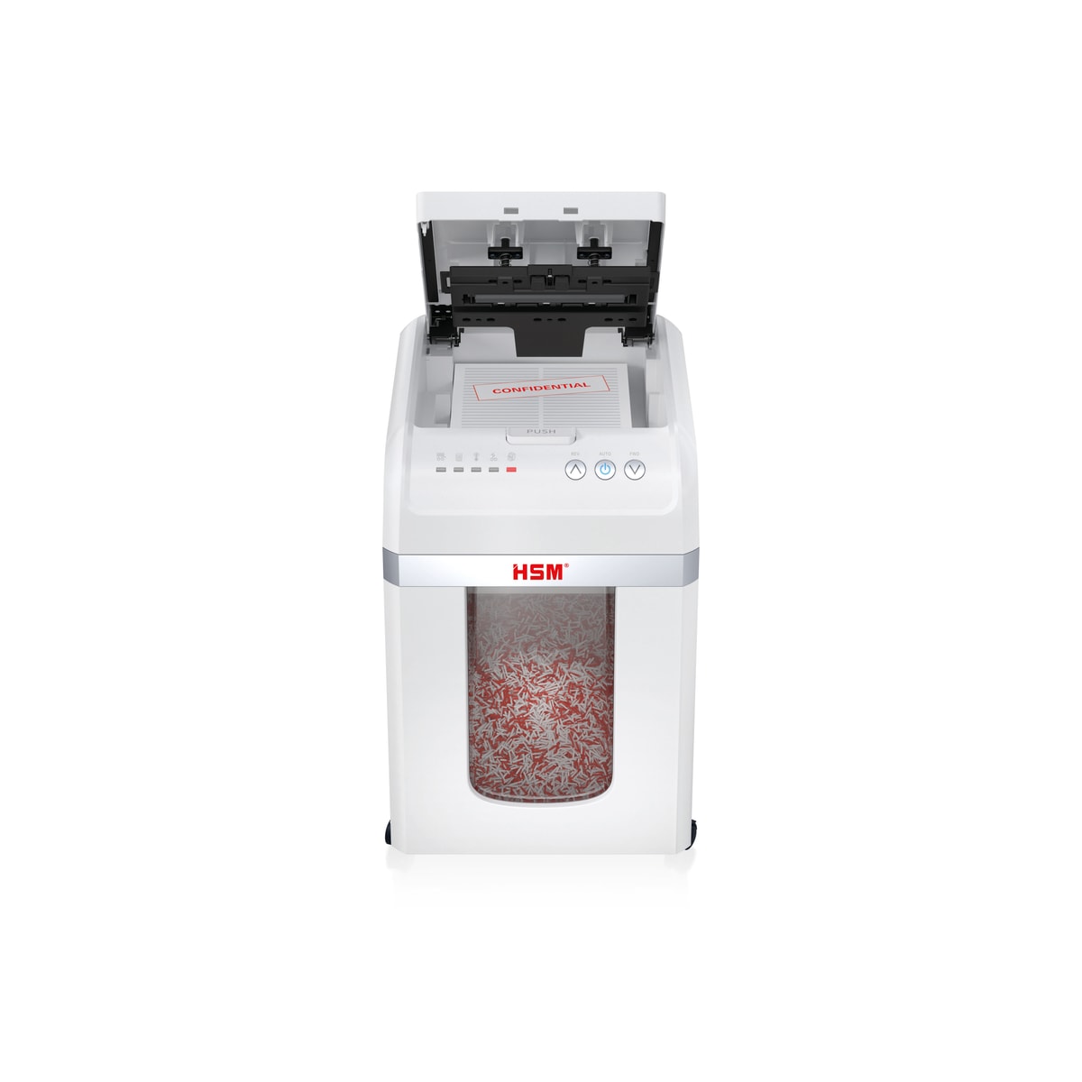 Couvercle ouvert sur le chargeur automatique du destructeur HSM shredstar Autofeed X200