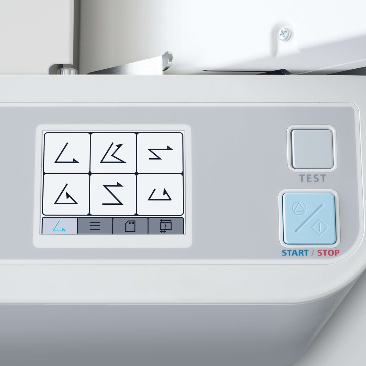 Choix du pli sur l'écran plieuse de documents 8345 IDEAL, avec les touches Test et Start/Stop