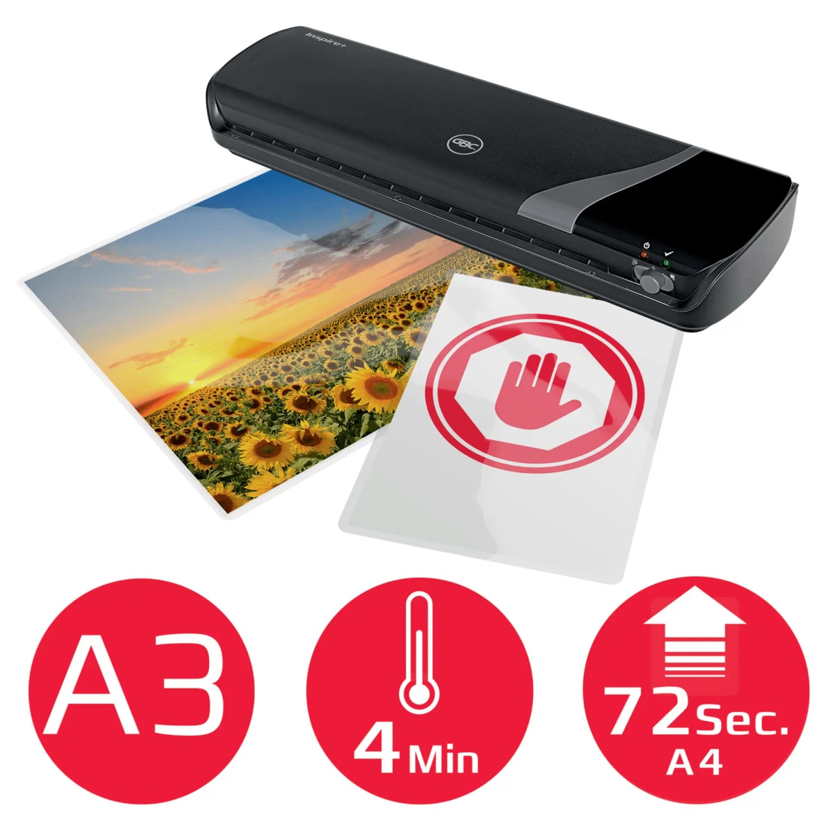Format et temps de chauffe de la plastifieuse GBC Inspire+ A3 noire