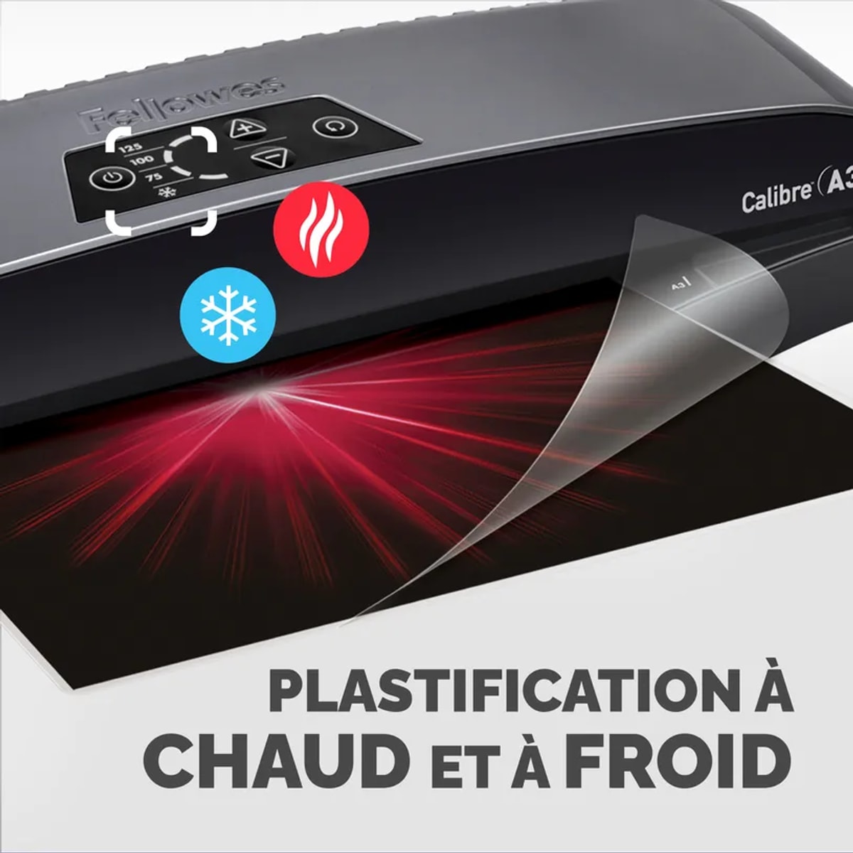 Pictogrammes chaud et froid sur le bandeau de la plastifieuse FELLOWES Calibre A3