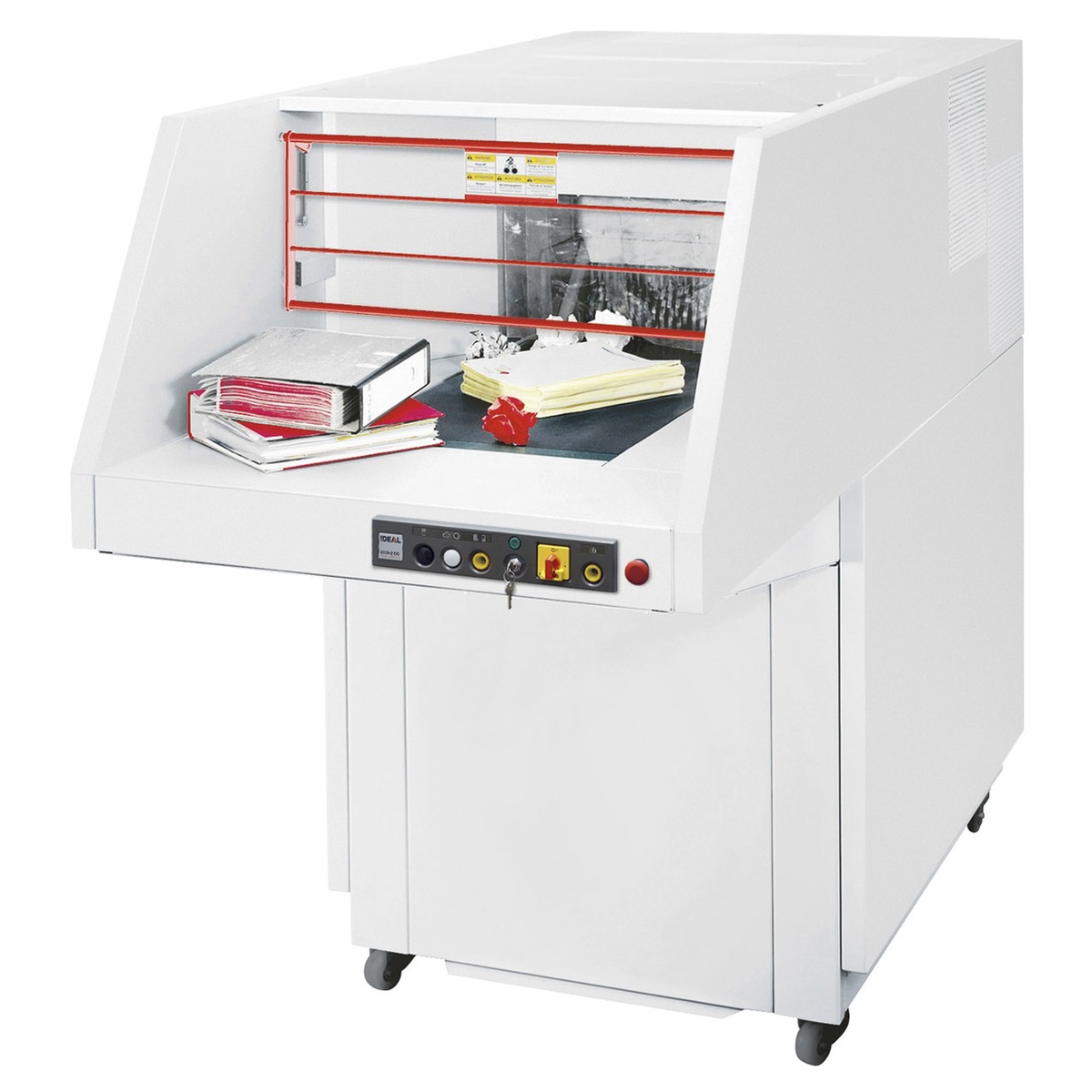 Table d'alimentation chargée de classeurs du destructeur IDEAL 5009-2 CC 8 x 40-80 mm