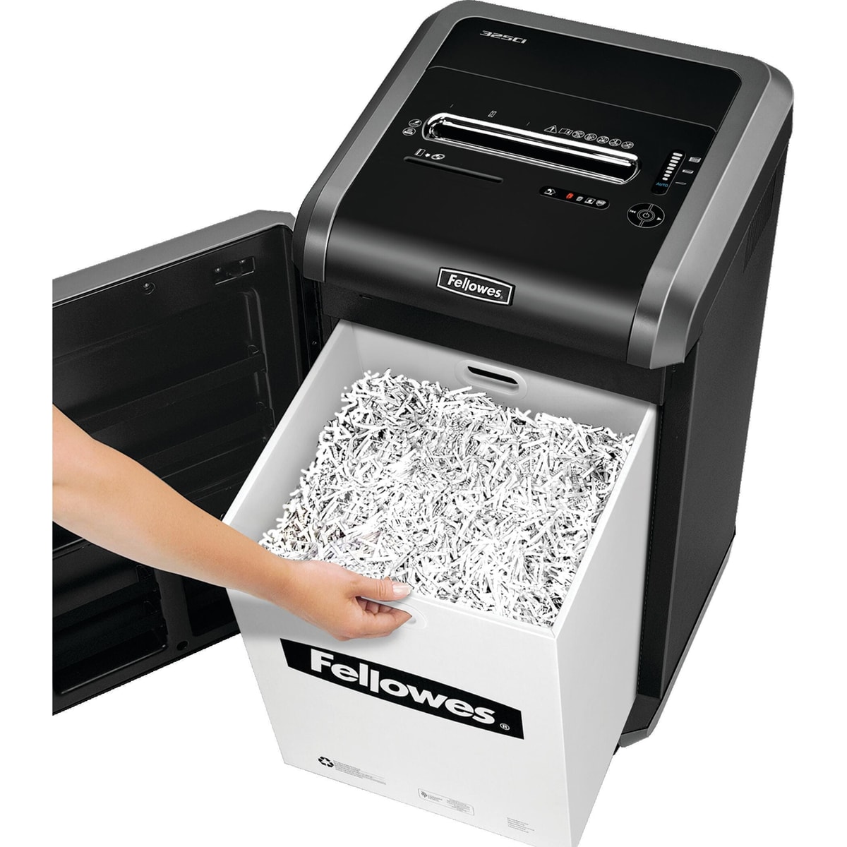 Porte ouverte et corbeille du destructeur FELLOWES Powershred 325Ci