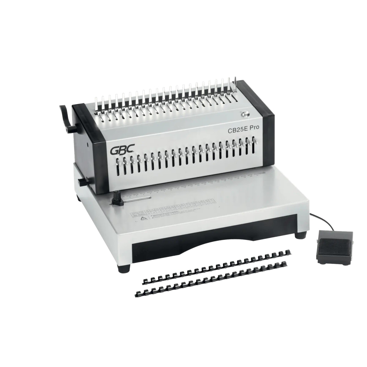 Perforelieuse électrique GBC CB25E Pro avec sa pédale de commande et des peignes plastiques.