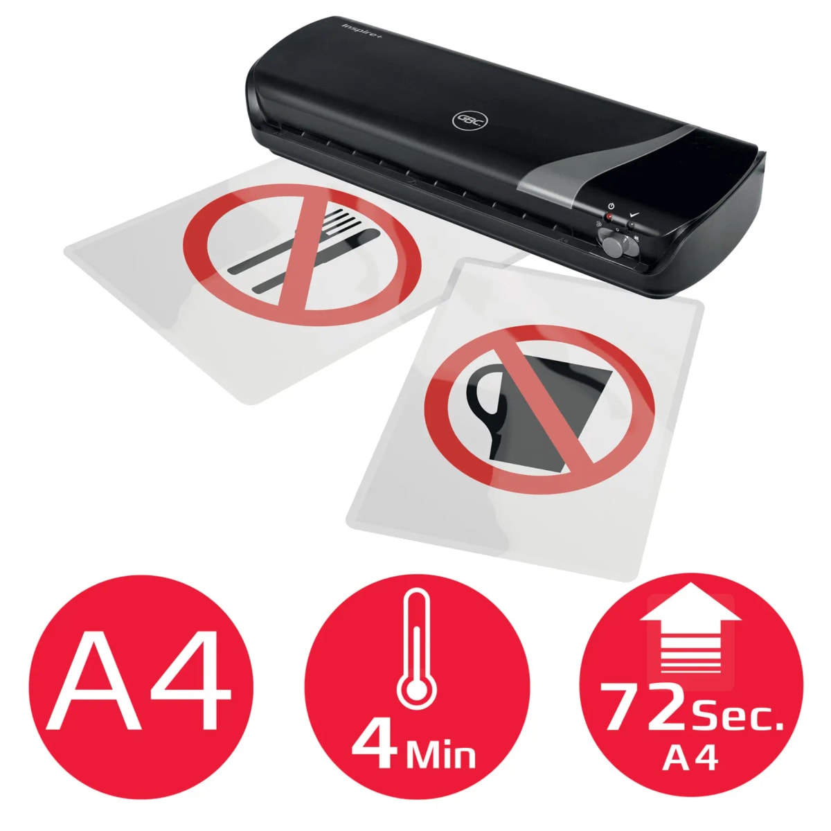 Format et temps de chauffe de la plastifieuse GBC Inspire+ A4 noire
