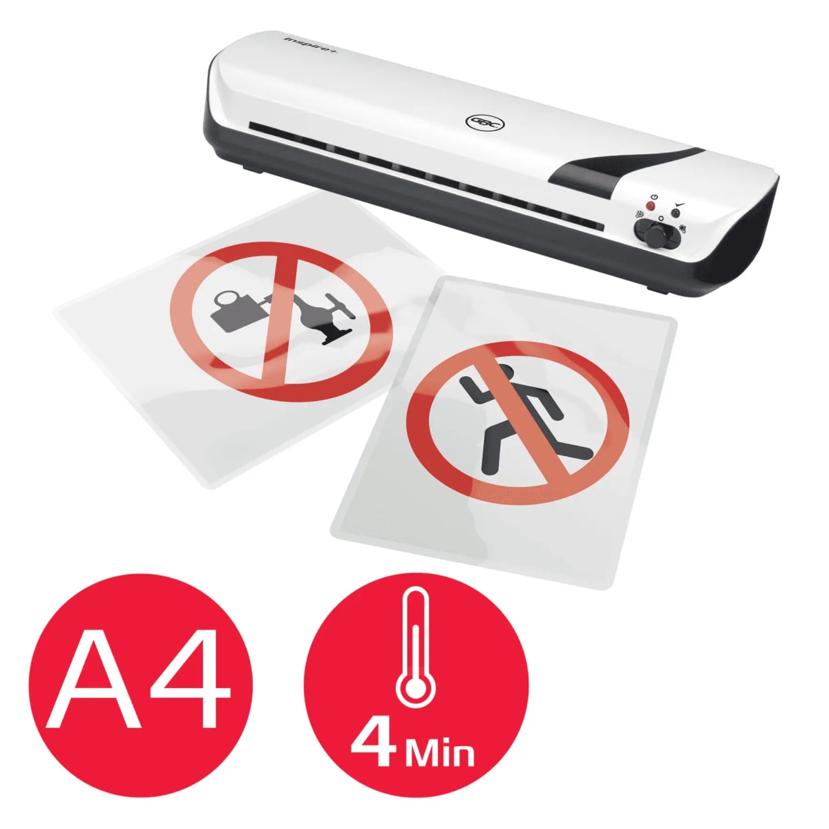 Format et temps de chauffe de la plastifieuse GBC Inspire+ A4 blanche