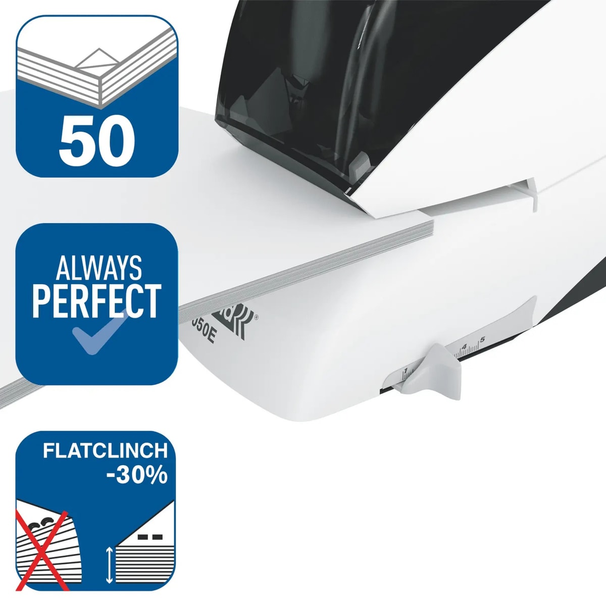 Agrafeuse électrique RAPID Supreme 5050E blanche et bleue, agrafage à plat jusqu'à 50 feuilles.