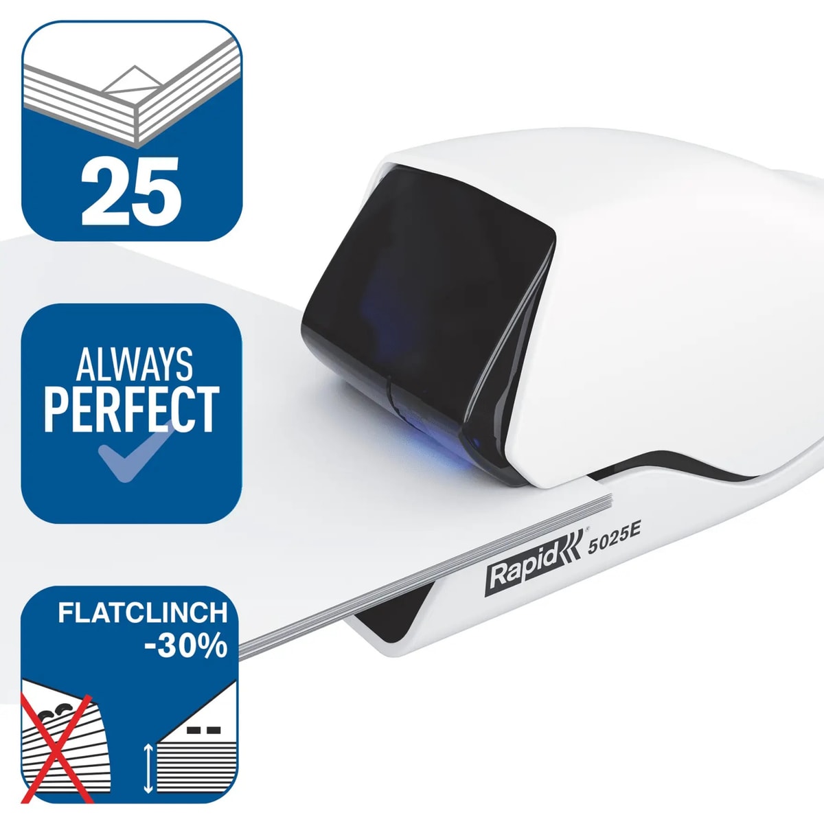 Agrafeuse électrique RAPID Supreme 5025E bleue, agrafage à plat jusqu'à 25 feuilles.
