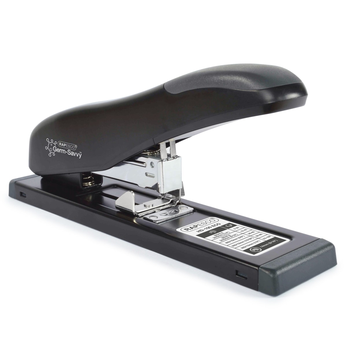 Agrafeuse grande capacité RAPESCO ECO HD-100 noire, logo Germ-Savvy sur le capot.