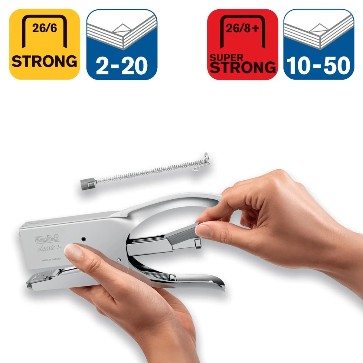 Rechargement par l'arrière de la pince agrafeuse RAPID Classic K1+ Platinum.