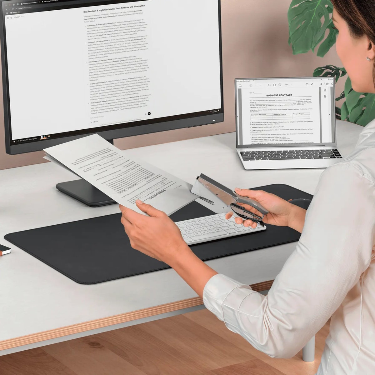 Documents agrafés au bureau avec la pince agrafeuse RAPID Classic K1+ Platinum.