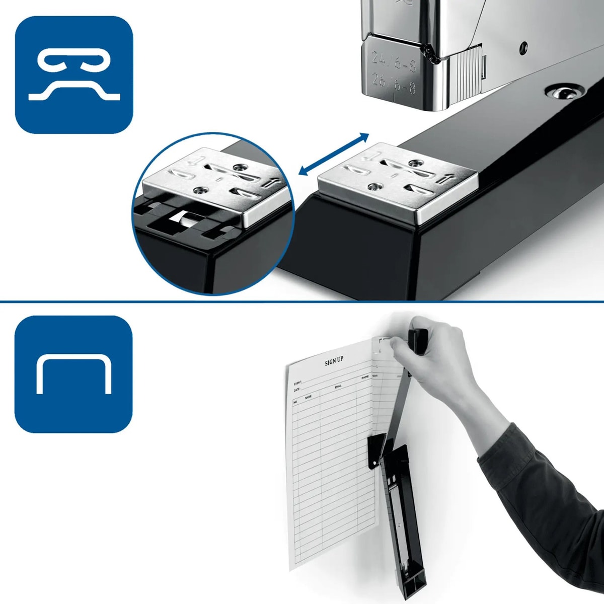 Enclume réglable et clouage d'une feuille au mur avec l'agrafeuse de bureau RAPID Classic K2+ noire.