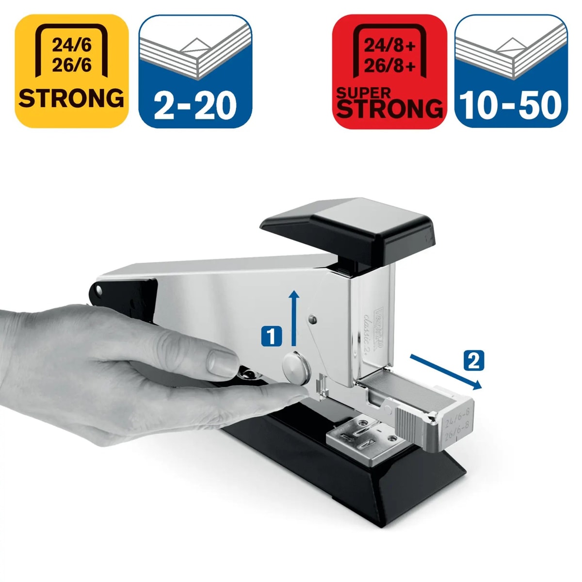 Chargement par l'avant de l'agrafeuse de bureau RAPID Classic K2+ noire.