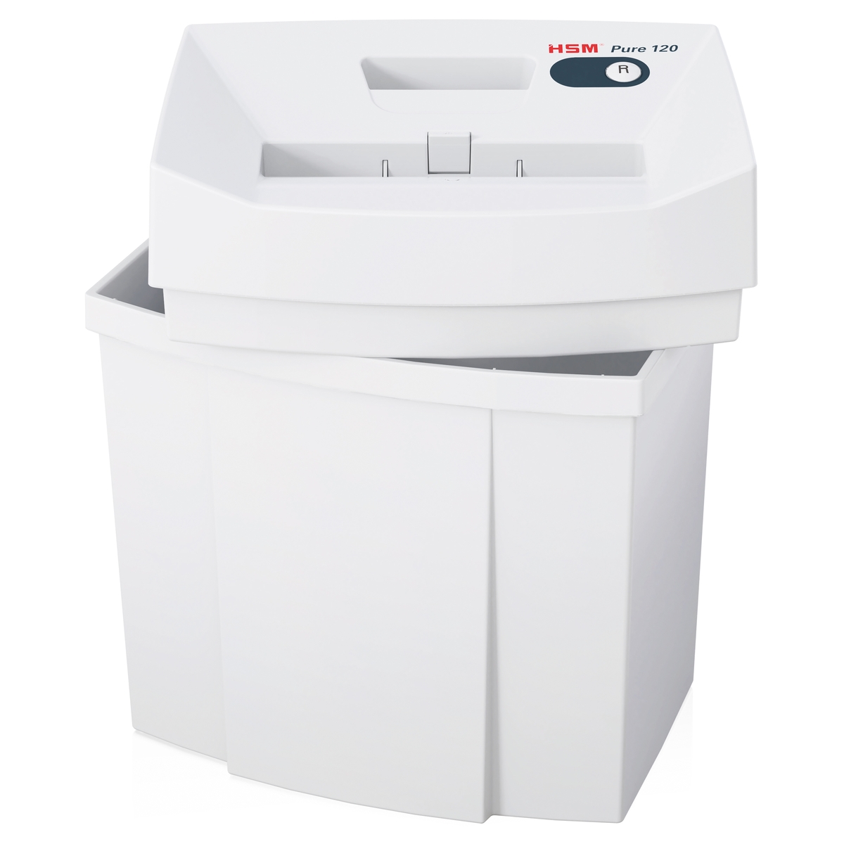 Partie supérieure soulevée au-dessus du collecteur du destructeur HSM Pure 220 4 x 25 mm