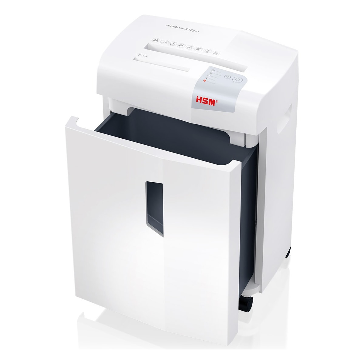 Porte ouverte et corbeille du destructeur HSM shredstar X15