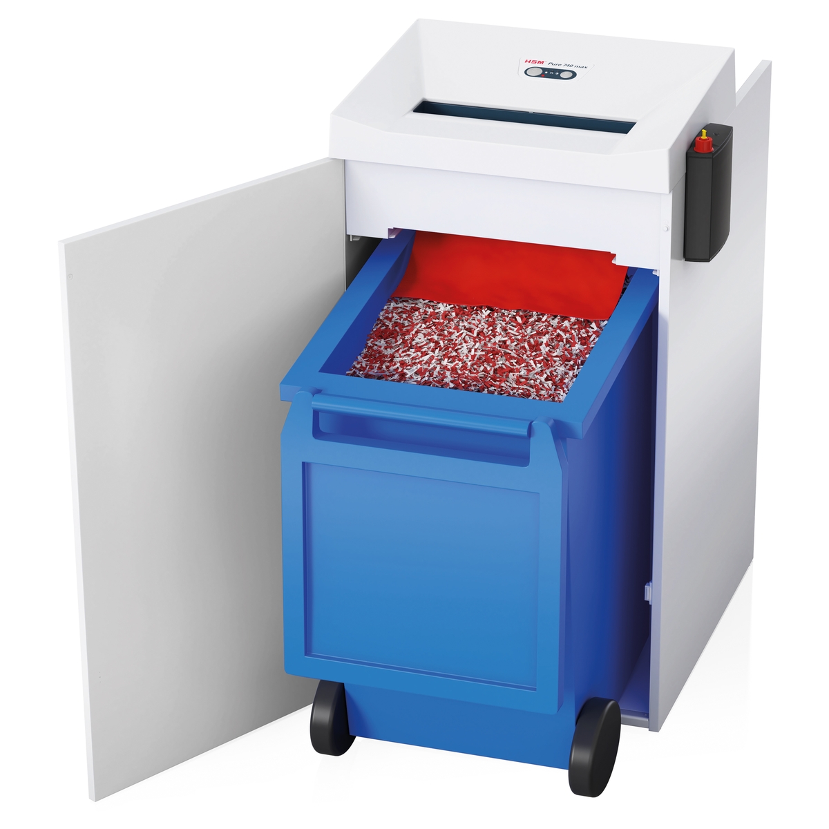 Porte ouverte sur la poubelle mobile du destructeur HSM Pure 740 max 4,5 x 30 mm