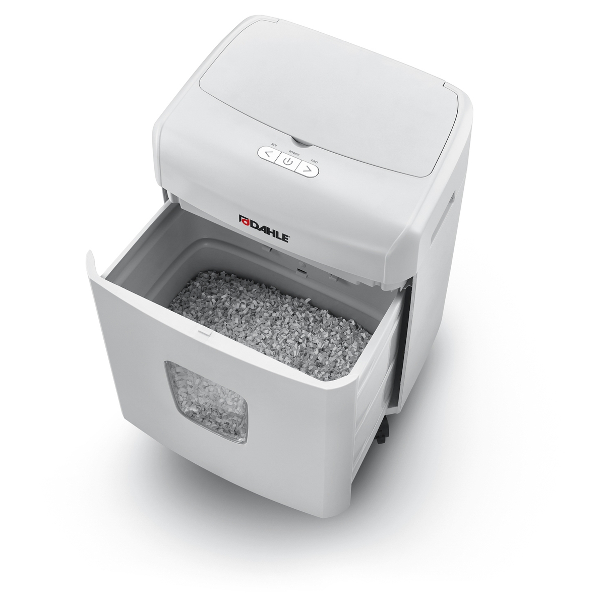 Bac de réception ouvert, rempli de particules, du destructeur DAHLE ShredMATIC 90