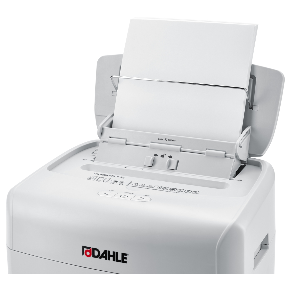 Pile de papier dans le chargeur automatique du destructeur DAHLE ShredMATIC 90