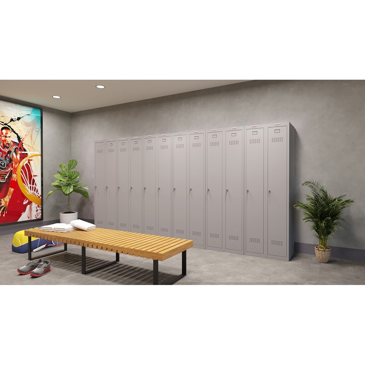 Rangée de vestiaires Phoenix PL1130 assemblés dans un vestiaire collectif
