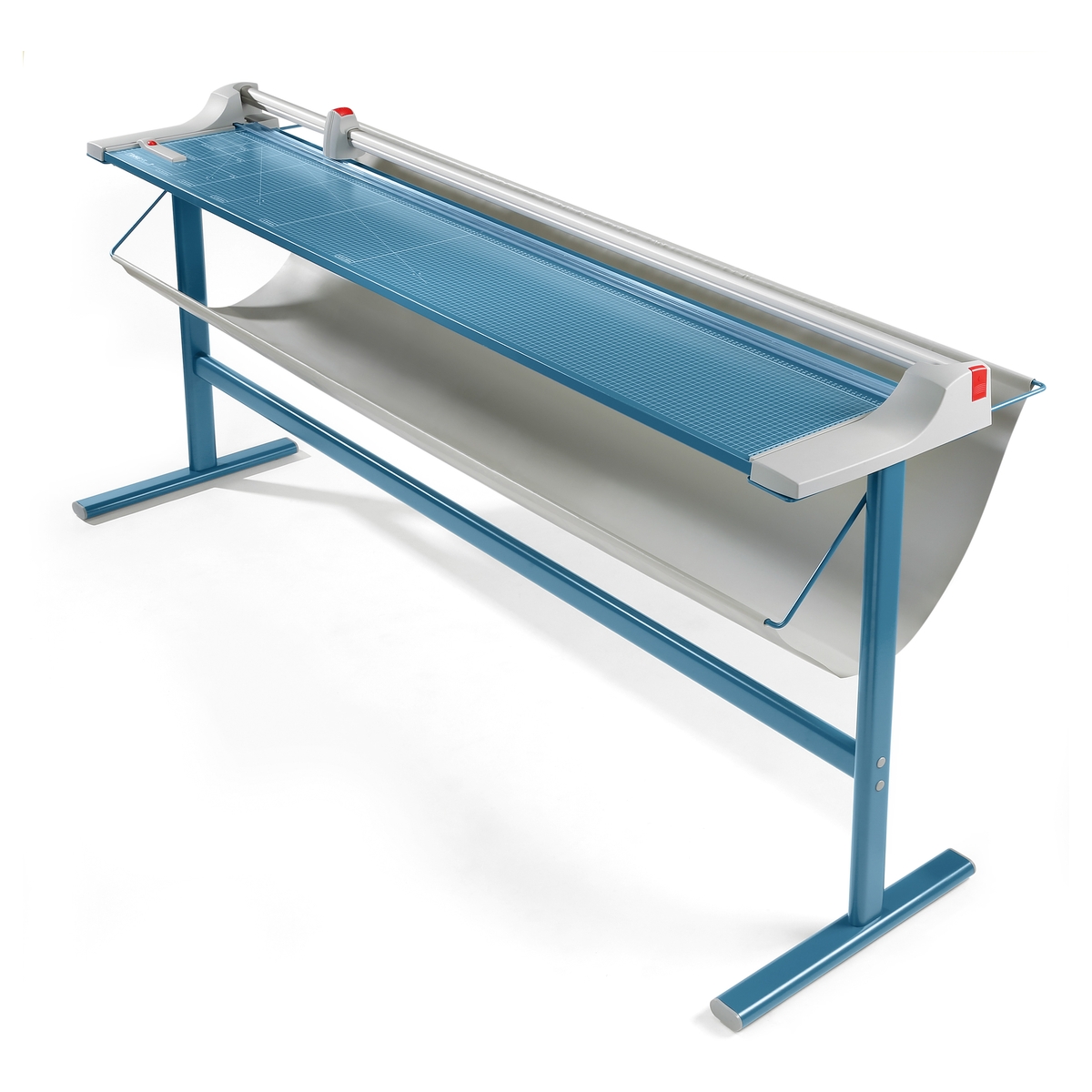 La coupeuse de plans Dahle 472 sur son stand métallique, avec son bac de récupération.