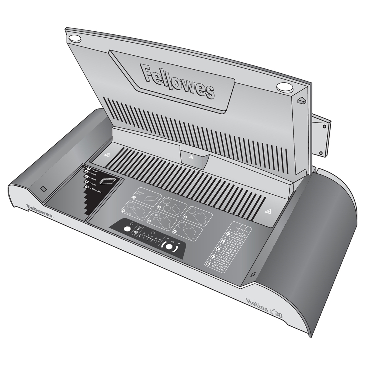 Le guide d'épaisseur et les commandes FELLOWES Helios 30