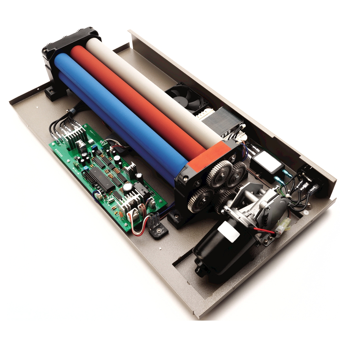 L'intérieur de la plastifieuse FELLOWES Proteus A3, rouleaux et carte électronique