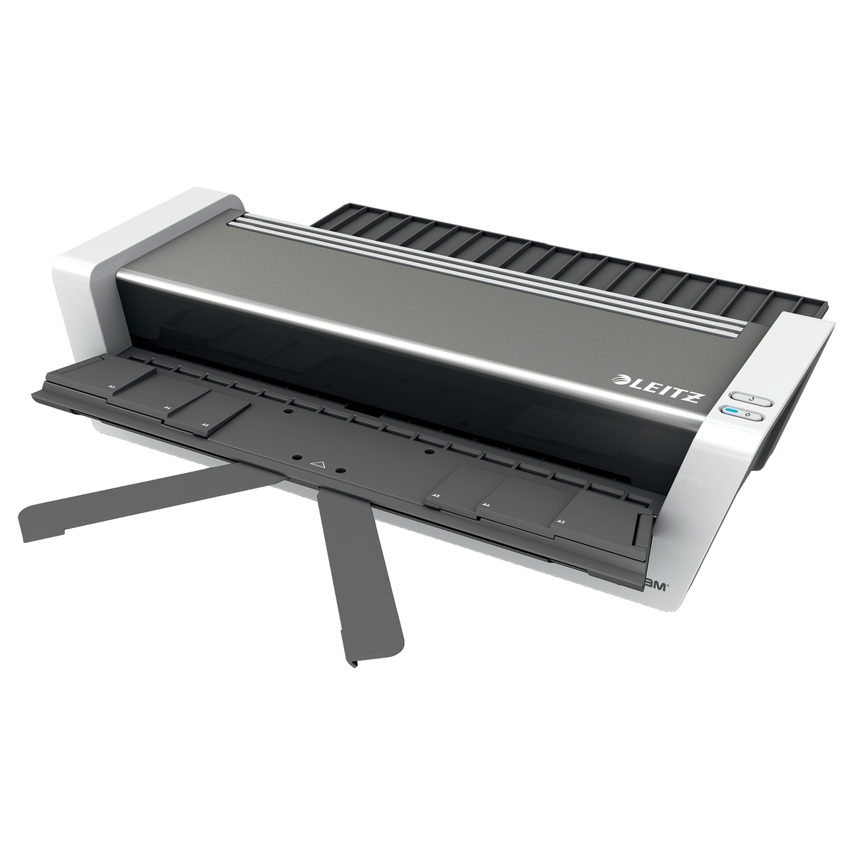 Les bacs et les supports dépliés de la plastifieuse LEITZ iLAM Touch 2 Turbo A3