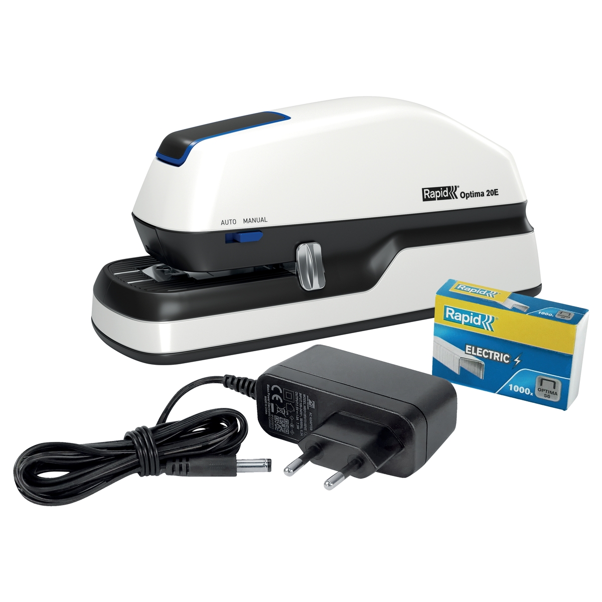 Agrafeuse électrique RAPID Optima 20E avec son adaptateur secteur et sa boîte d'agrafes.