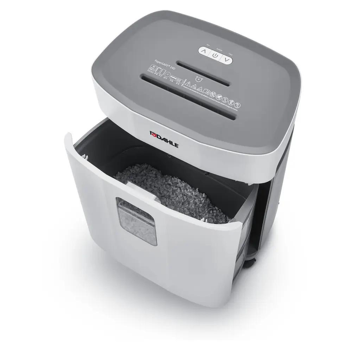 Bac de réception ouvert, rempli de particules, du destructeur DAHLE PaperSAFE 420