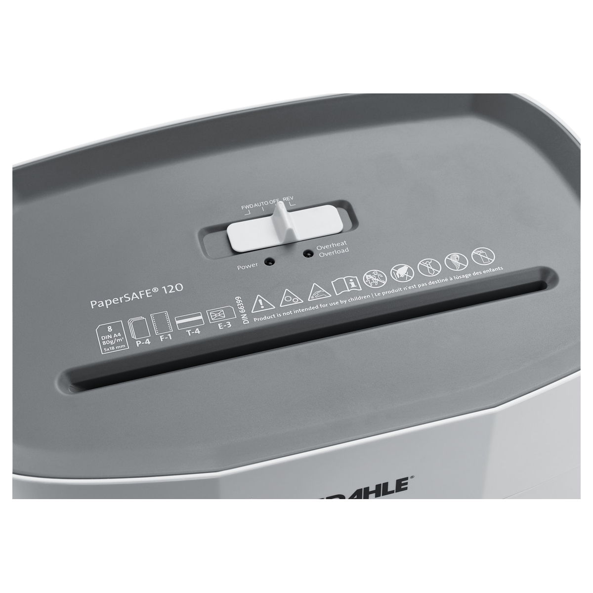 Dessus du destructeur DAHLE PaperSAFE 100 avec la fente et les commandes
