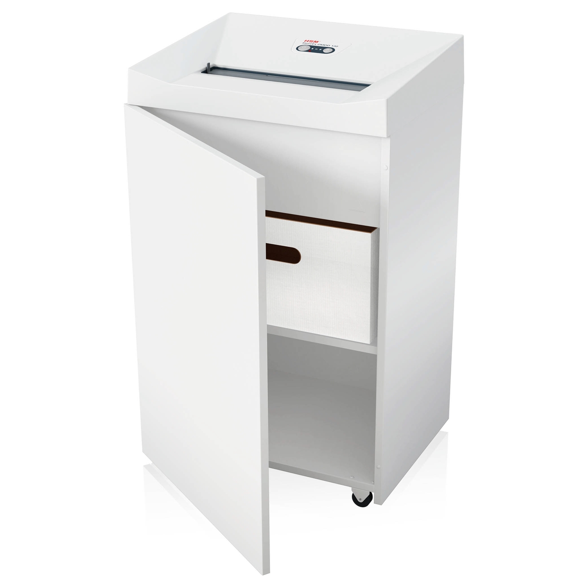 Porte ouverte sur le collecteur du Destructeur de CD / DVD HSM StoreEx OMDD 130 2,2 x 4 mm