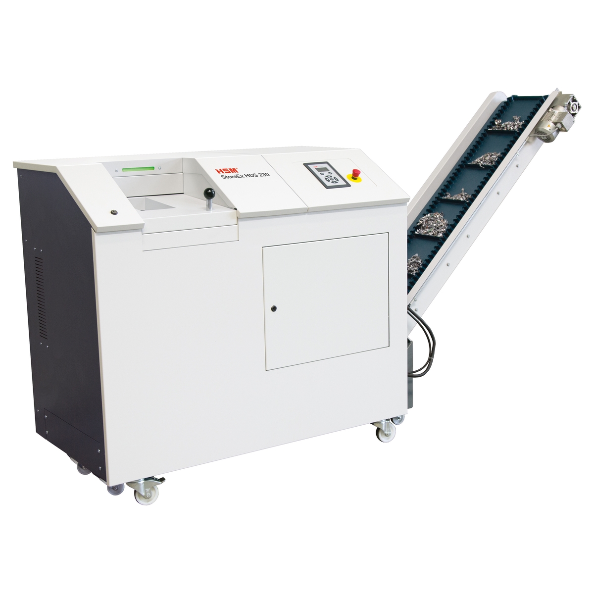 Bande d'évacuation chargée de débris du Destructeur de médias HSM StoreEx HDS 230 20 x 40-50 mm avec bande d'évacuation