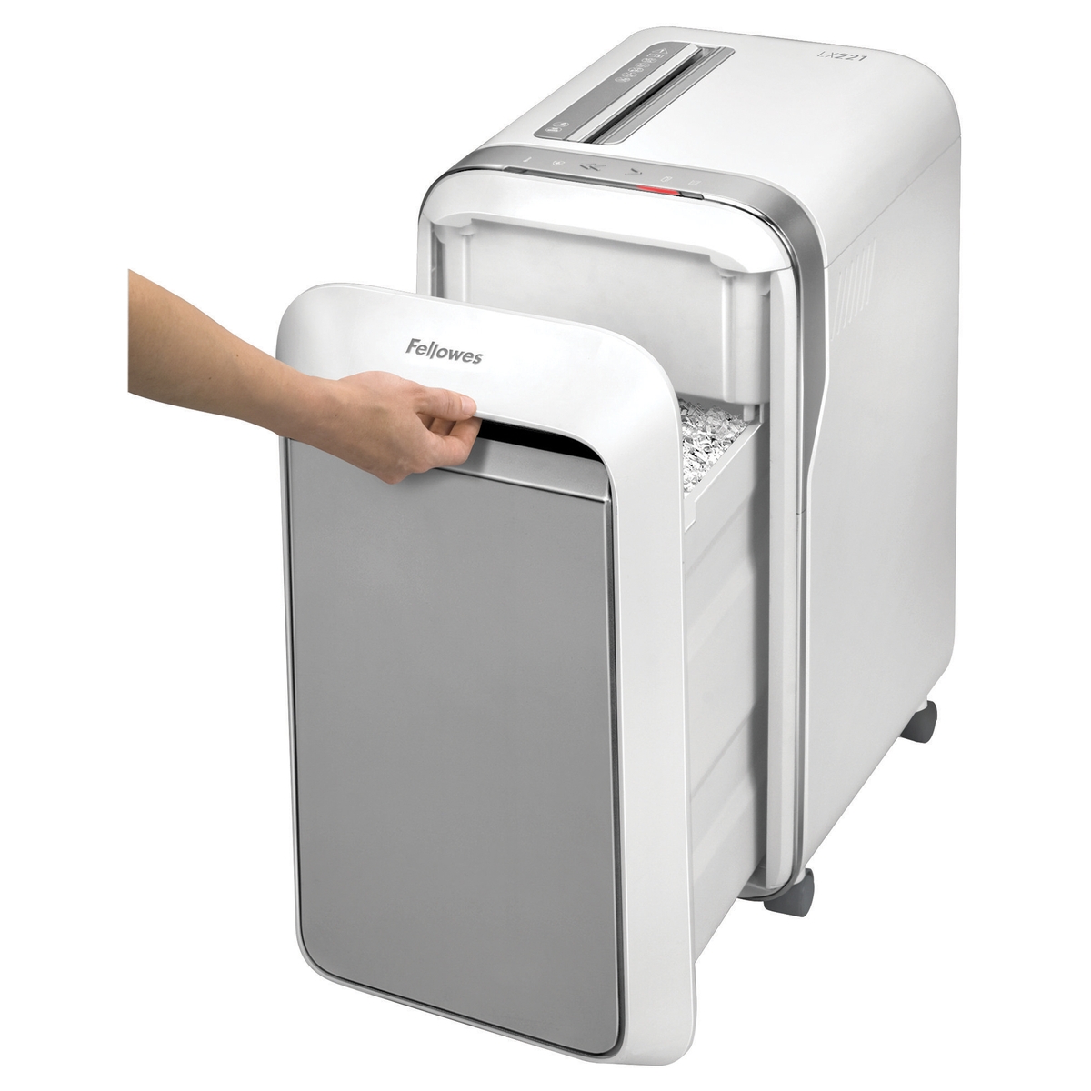 Corbeille tirée hors du destructeur FELLOWES Powershred LX201 blanc