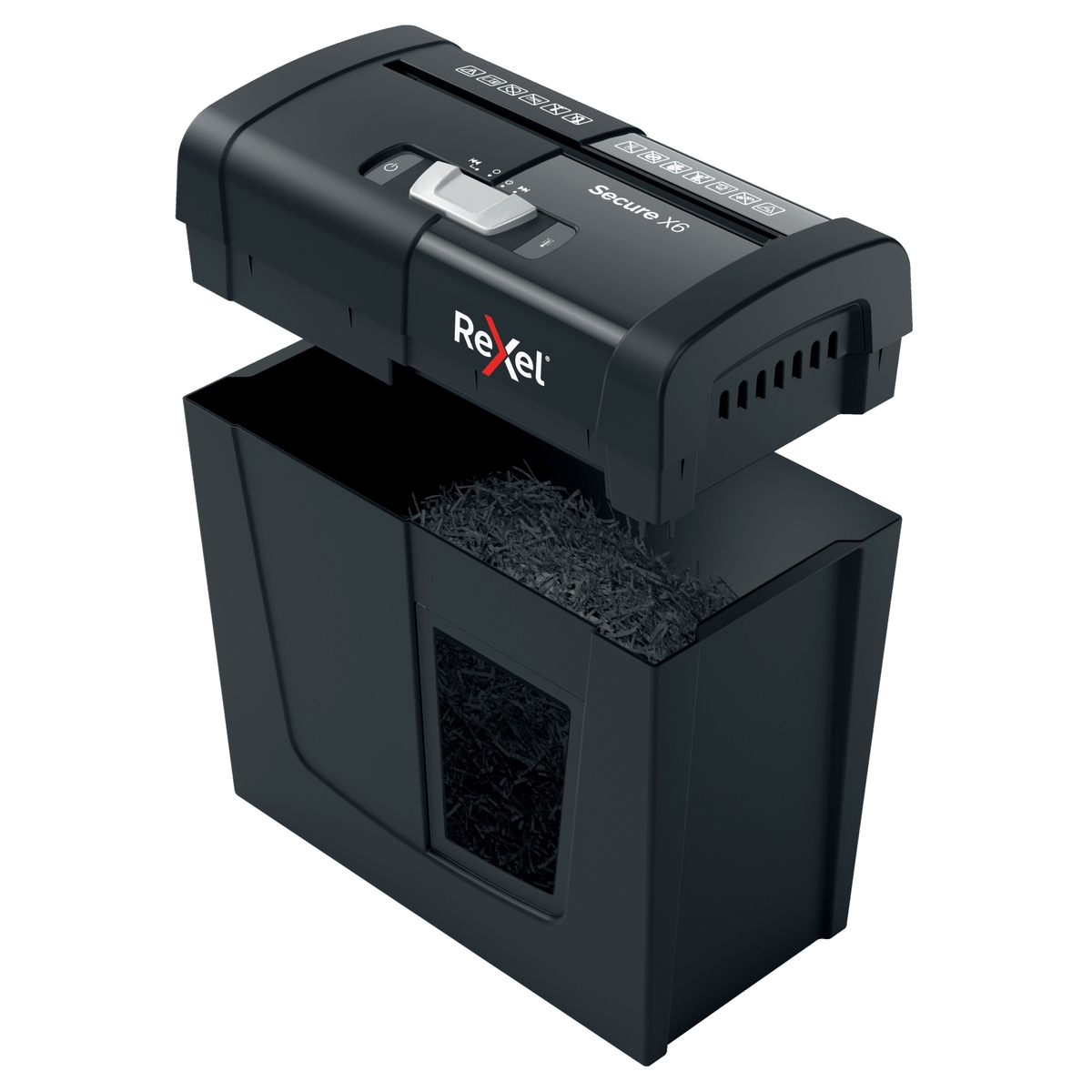 Tête de coupe soulevée au-dessus de la corbeille du destructeur REXEL Secure S5