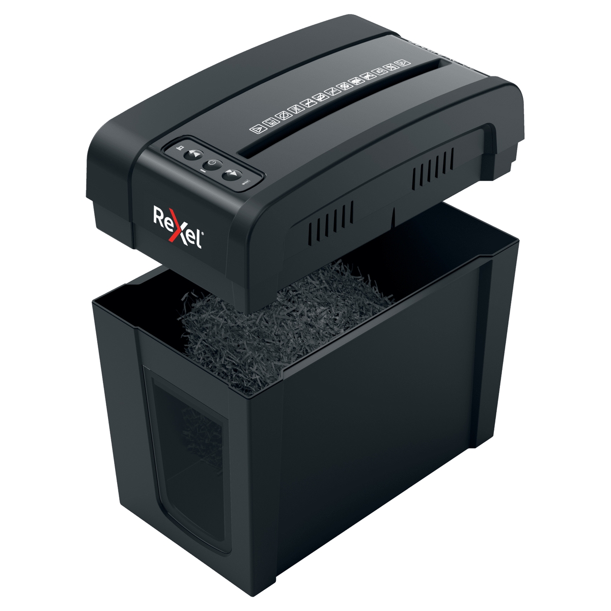 Tête de coupe soulevée au-dessus de la corbeille du destructeur REXEL Secure MC4-SL