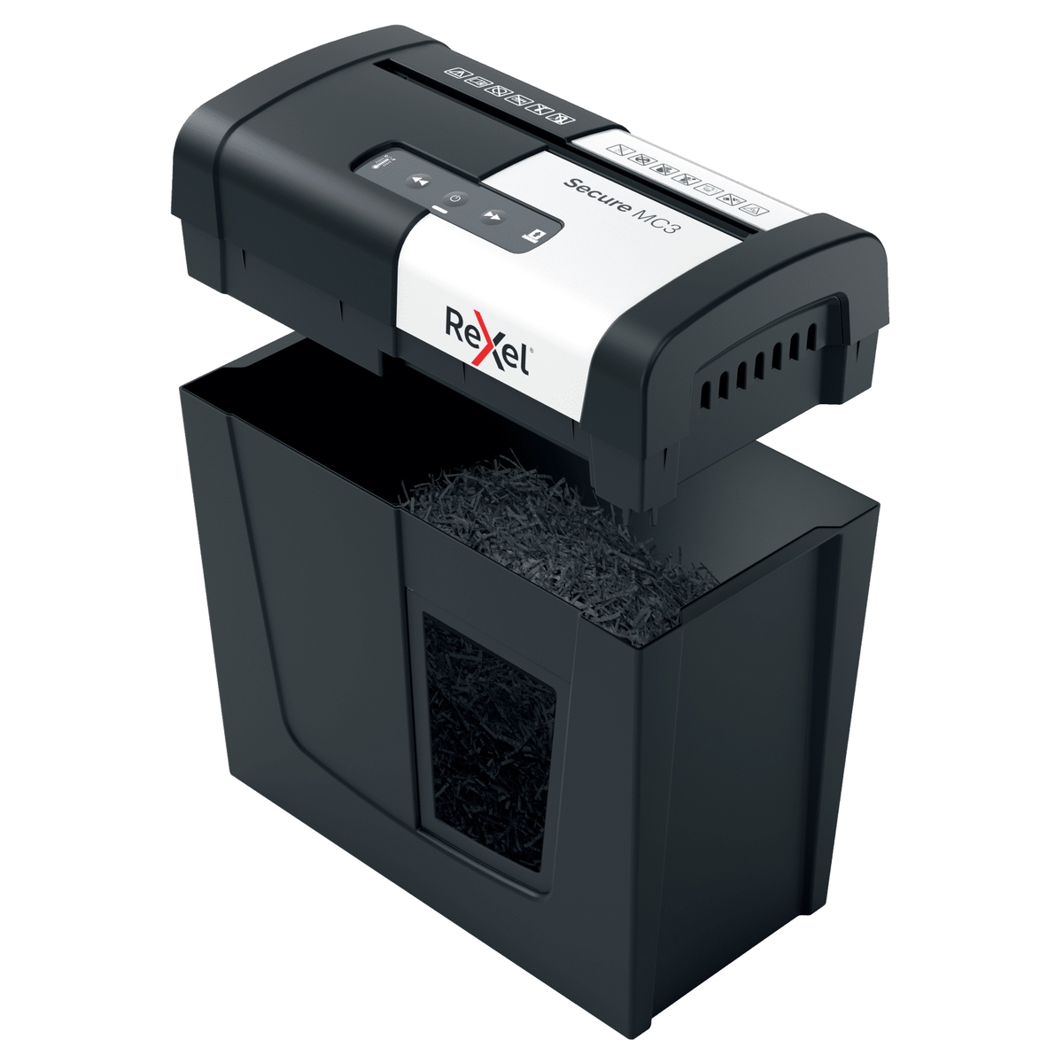 Tête de coupe soulevée au-dessus de la corbeille du destructeur REXEL Secure MC3