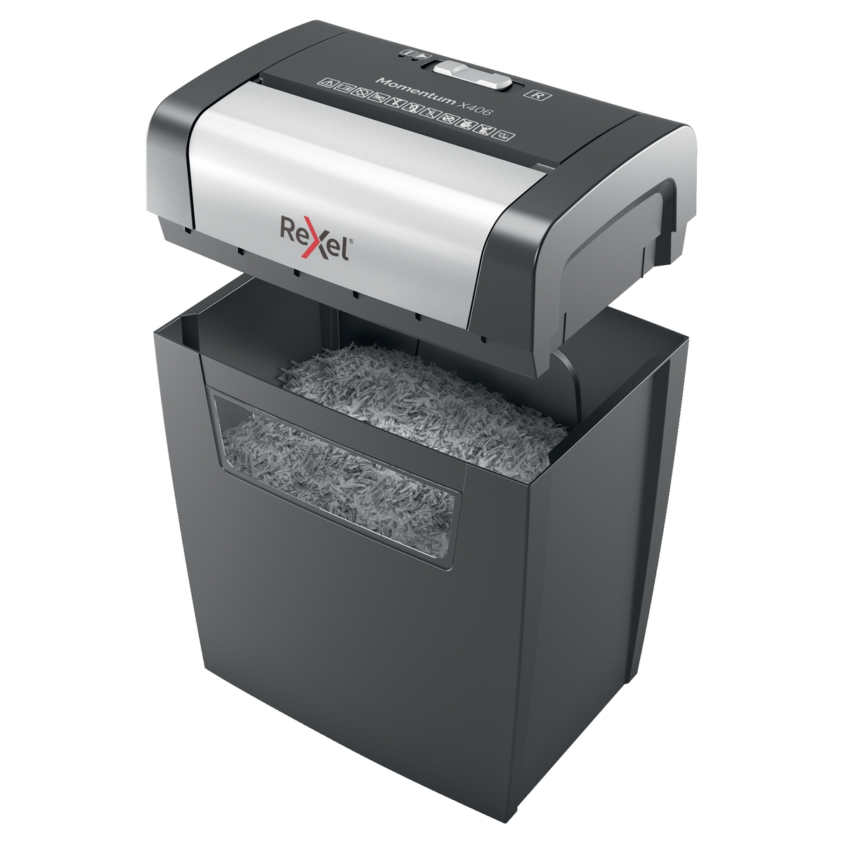 Tête de coupe soulevée au-dessus de la corbeille du destructeur REXEL Momentum X312