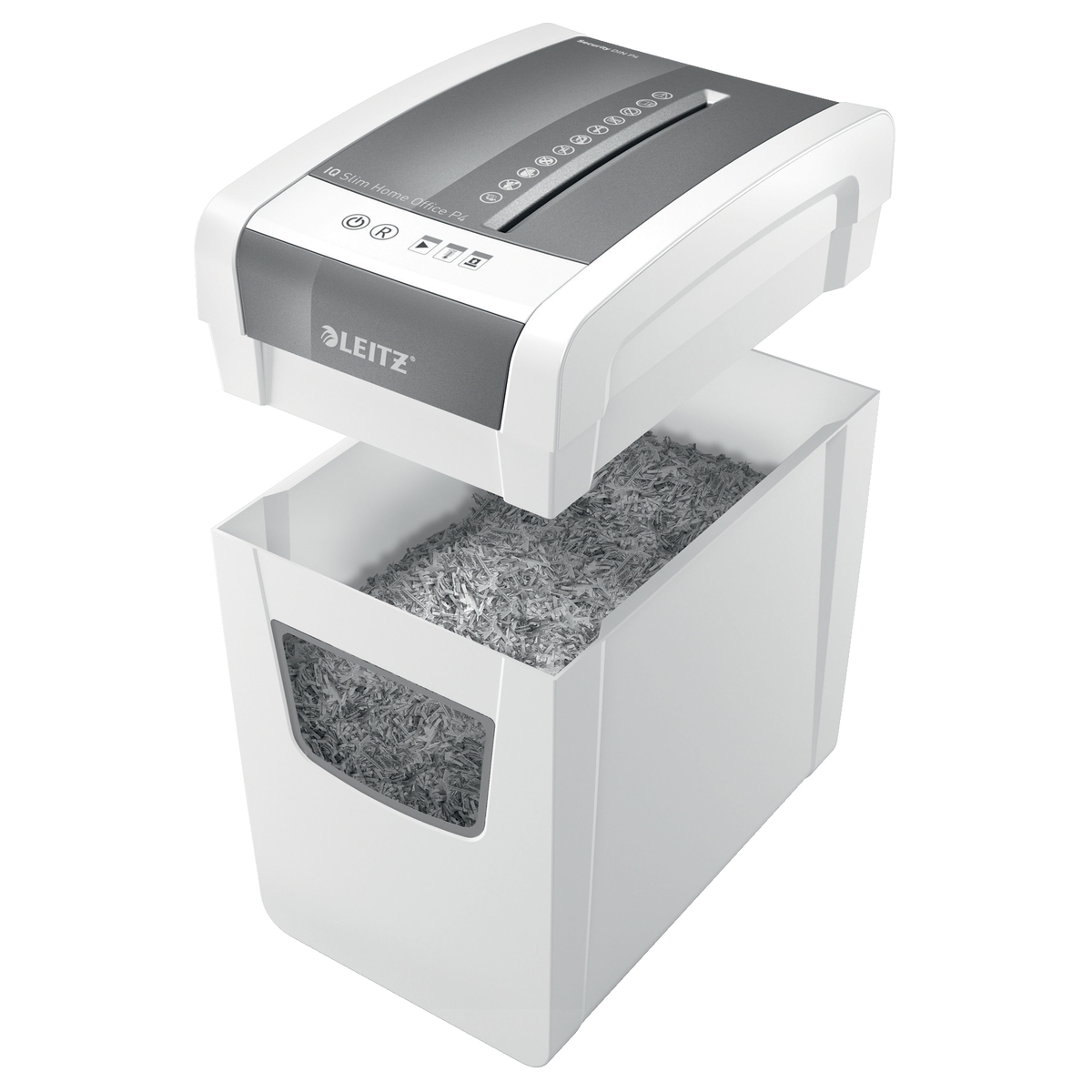 Tête de coupe soulevée au-dessus de la corbeille du destructeur LEITZ IQ Slim Home Office P4