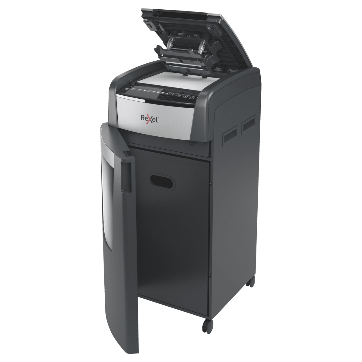 Porte ouverte sur la corbeille du destructeur REXEL Optimum AutoFeed+ 750M