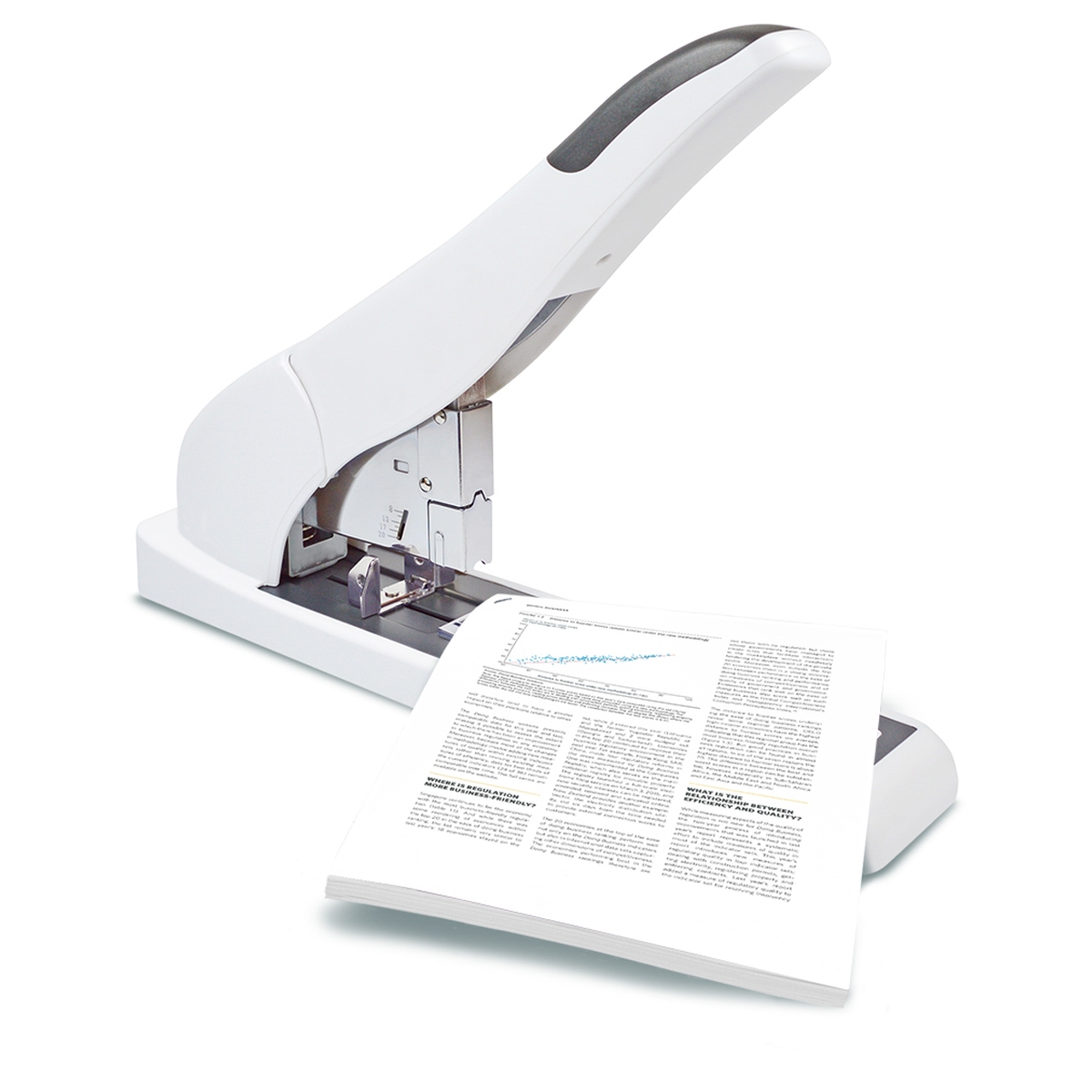 Document agrafé avec l'agrafeuse grande capacité RAPESCO ECO HD-210 blanche.