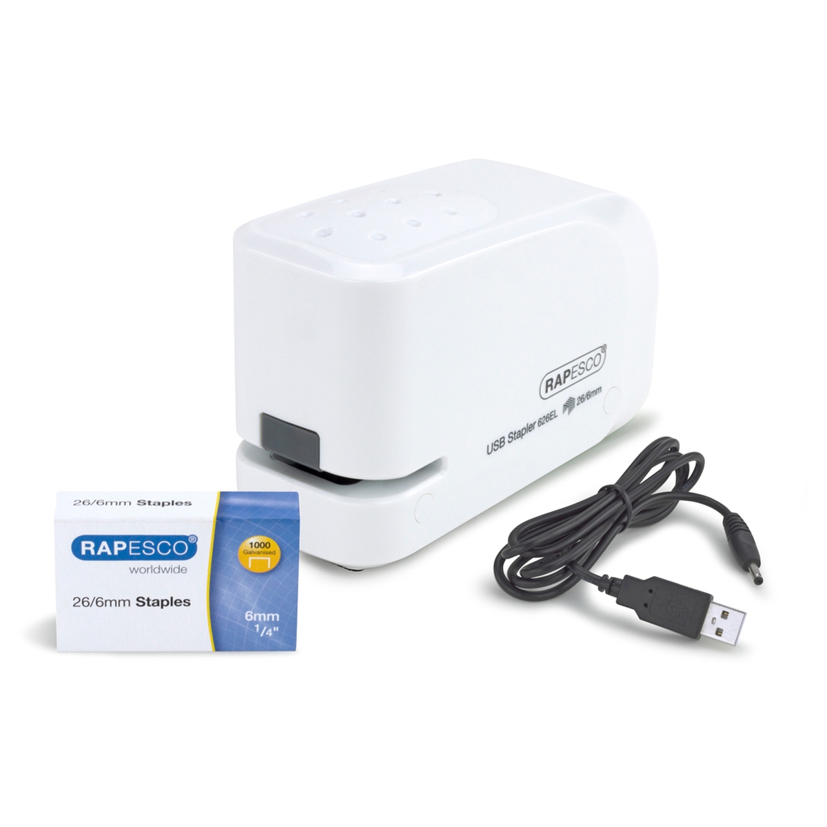 Agrafeuse électrique USB RAPESCO 626EL transparente avec son câble USB et sa boîte d'agrafes.