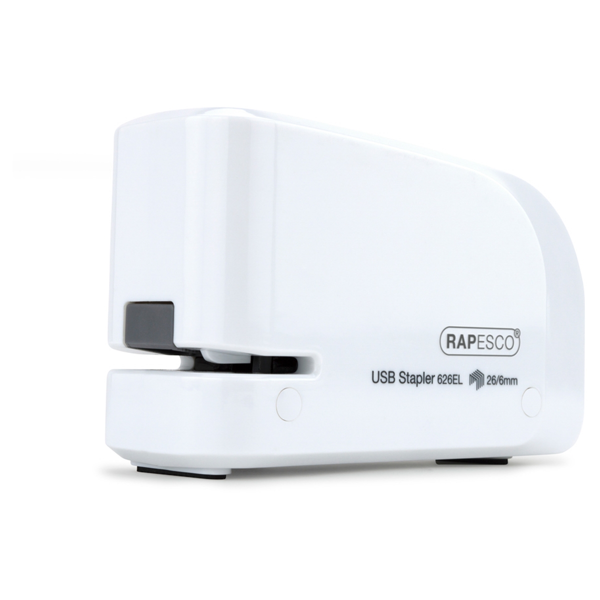 Agrafeuse électrique USB RAPESCO 626EL transparente, vue d'ensemble.
