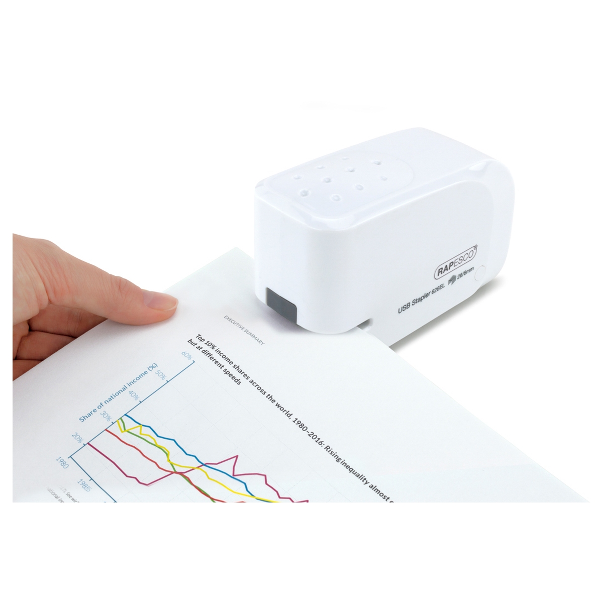 Document glissé dans l'agrafeuse électrique USB RAPESCO 626EL transparente.