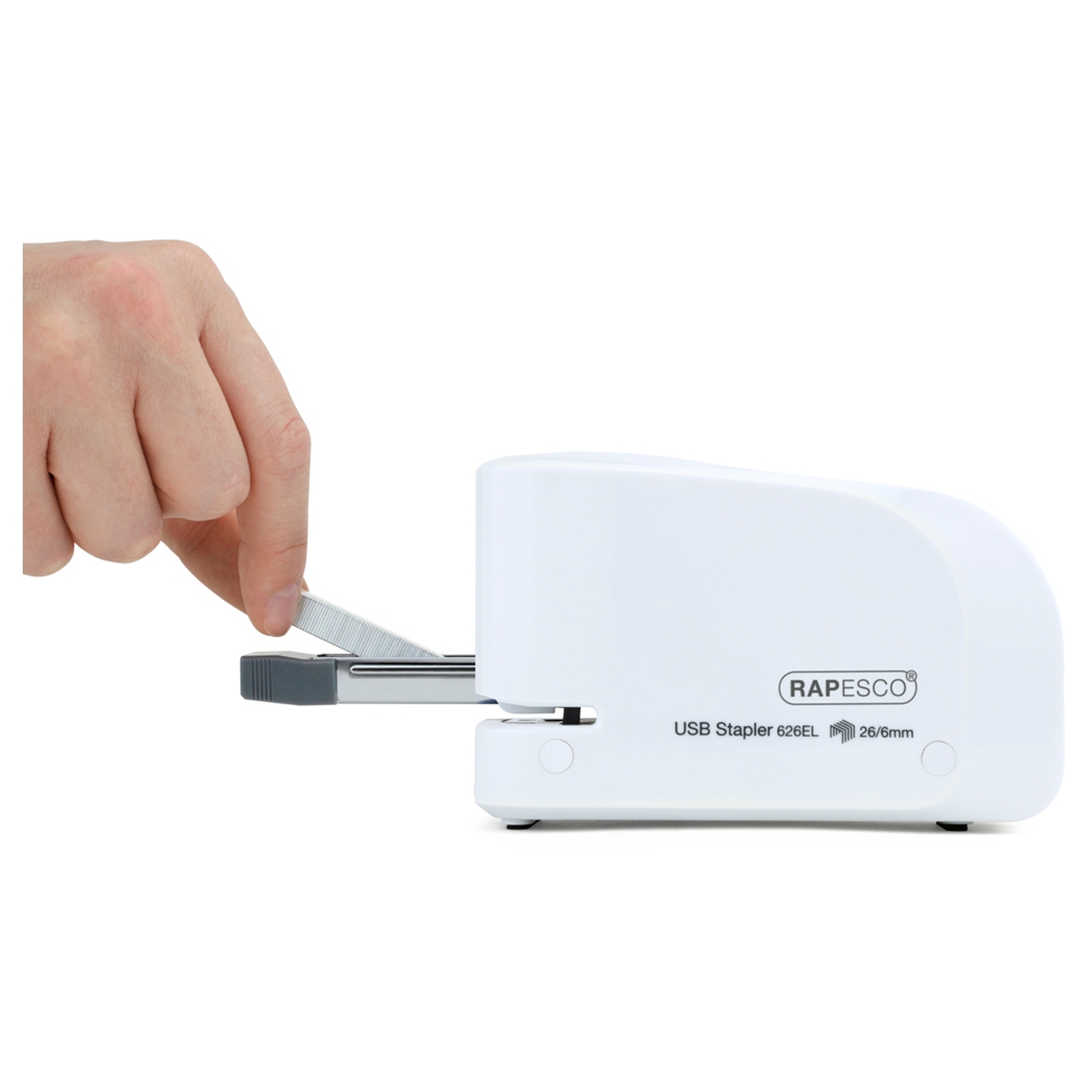 Chargement des agrafes 26/6 dans l'agrafeuse électrique USB RAPESCO 626EL transparente.