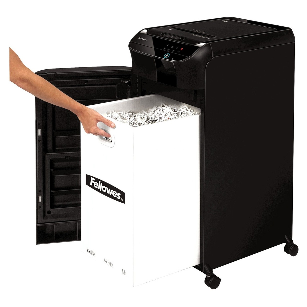 Porte ouverte sur la corbeille du destructeur FELLOWES AutoMax 600M