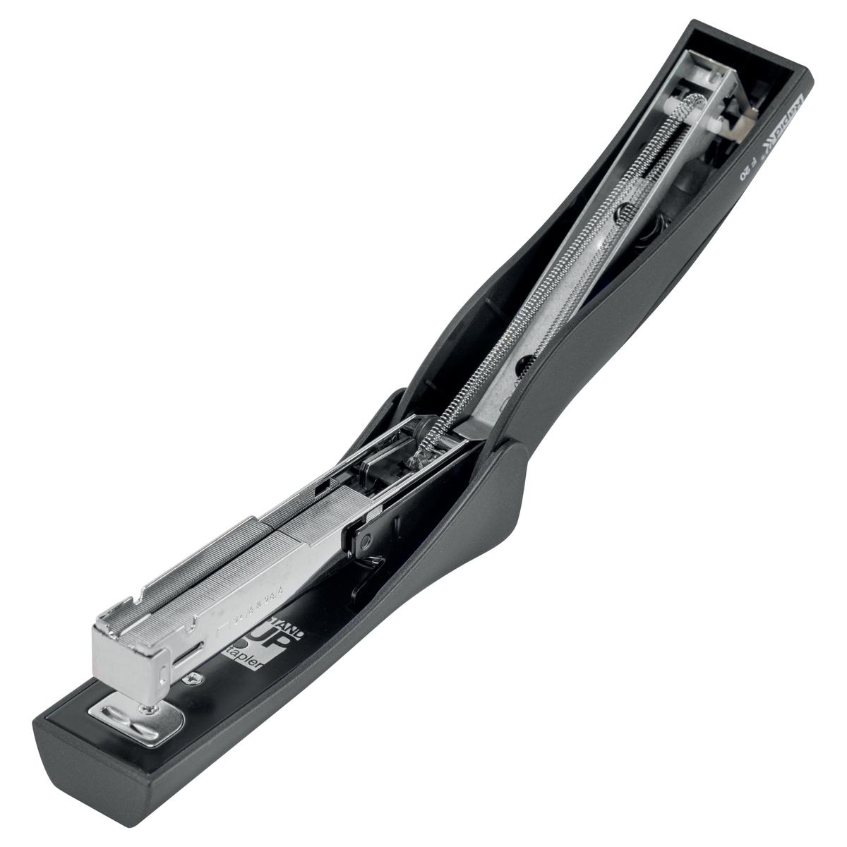 Agrafeuse de bureau verticale RAPID Ultimate StandUp F20 bleu titanium ouverte pour recharger.