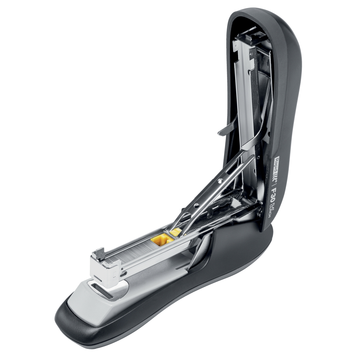 Agrafeuse de bureau à plat RAPID Fashion F30 noire ouverte par le dessus pour recharger.