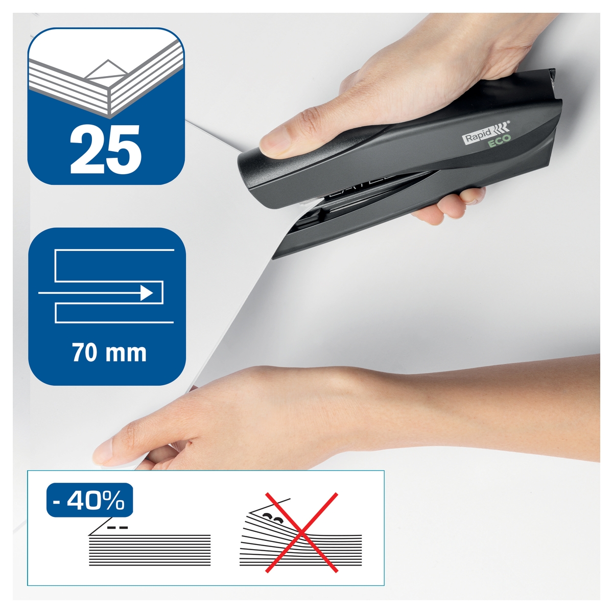 Capacité, profondeur et agrafage à plat de l'agrafeuse de bureau RAPID ECO pleine bande noire.