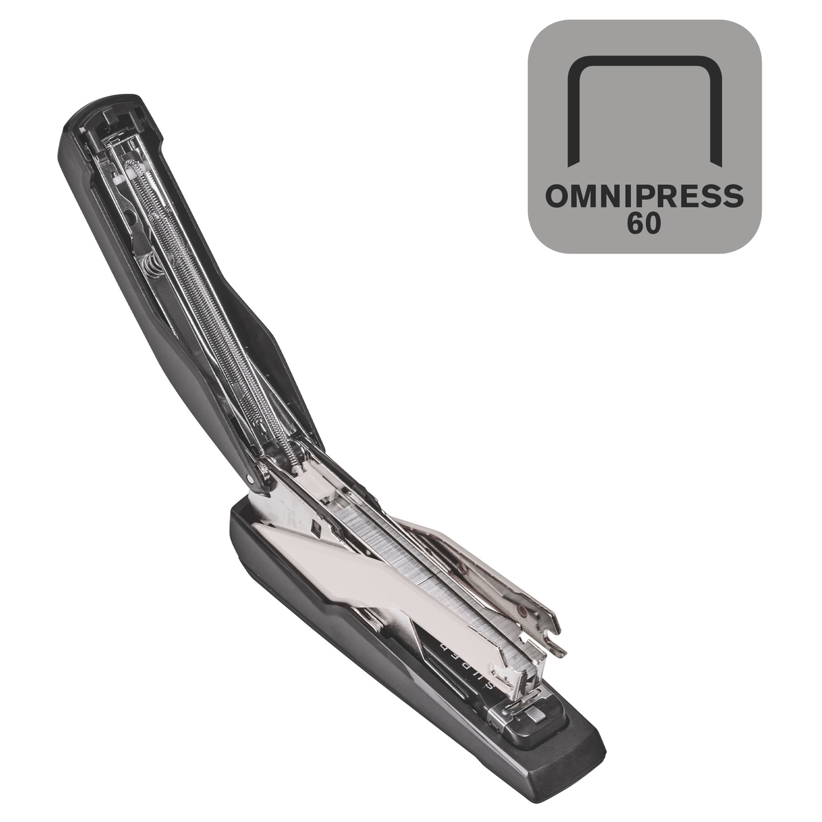 Agrafeuse de bureau à plat RAPID Supreme Omnipress SO60 noire ouverte, avec le picto des agrafes Omnipress 60.
