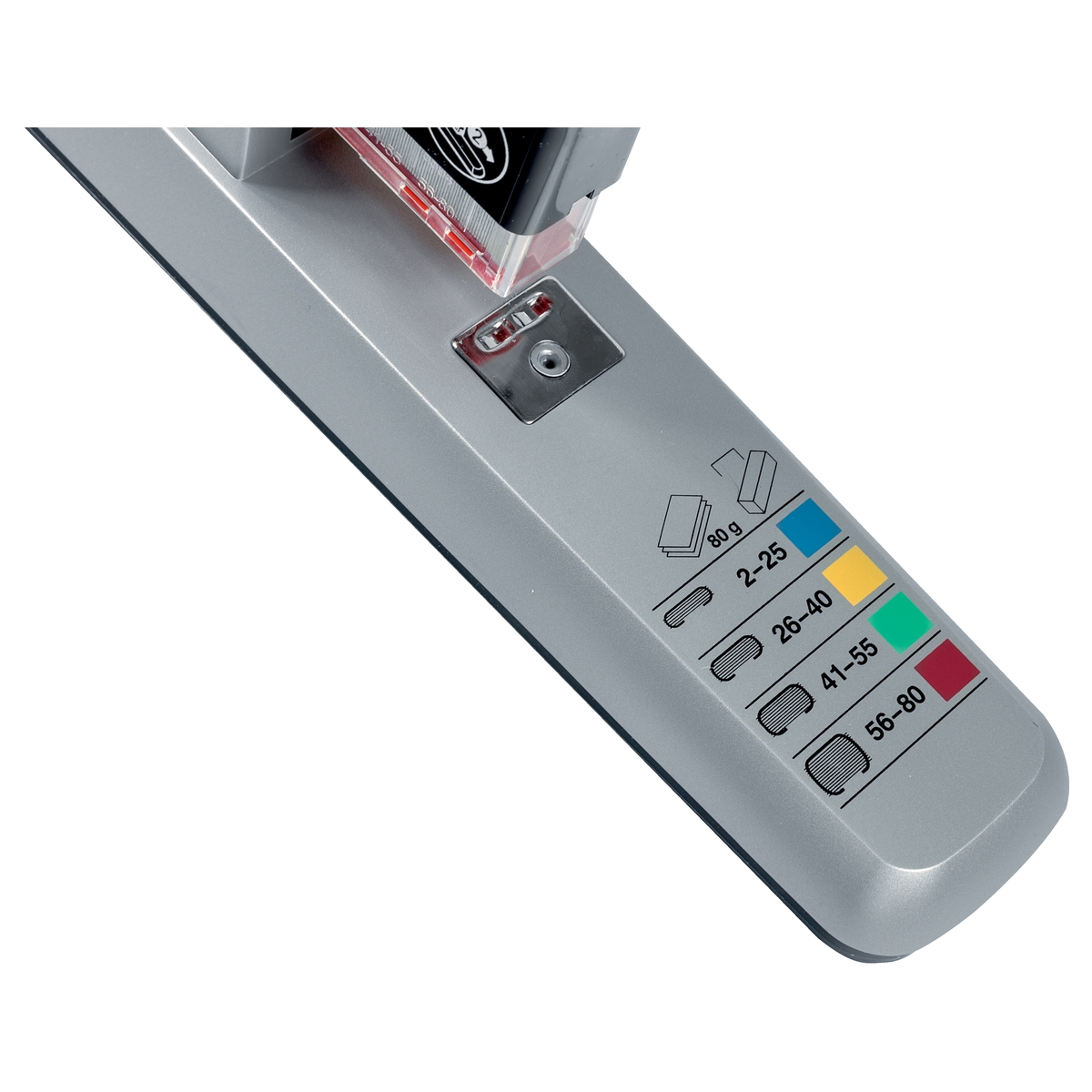 Guide de couleurs des cassettes sur le socle de l'agrafeuse grande capacité LEITZ Heavy Duty 5551.